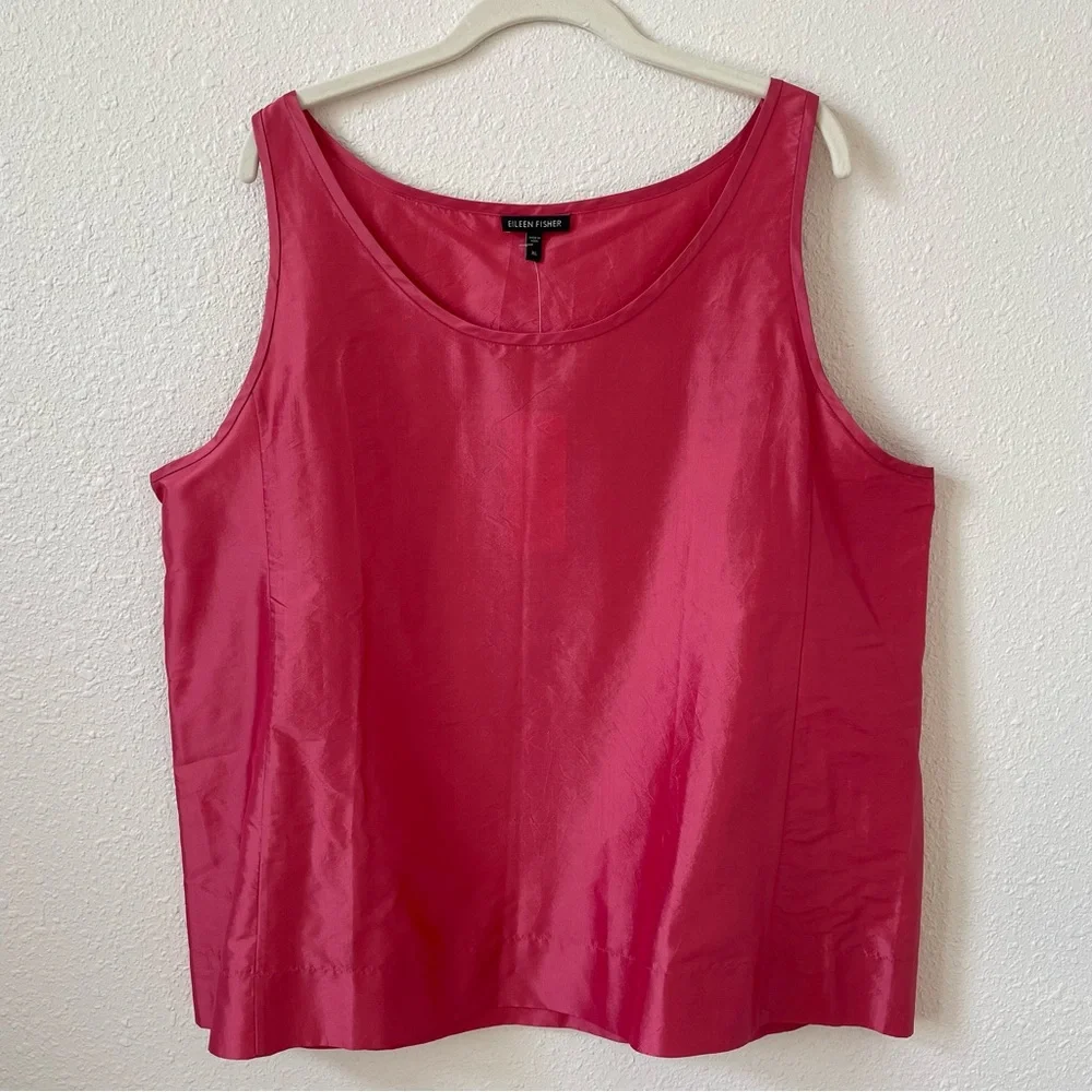 Eileen Fisher Washed Silk Taffeta Scoop Neck Shell Rose Size XL Luxury Colorful